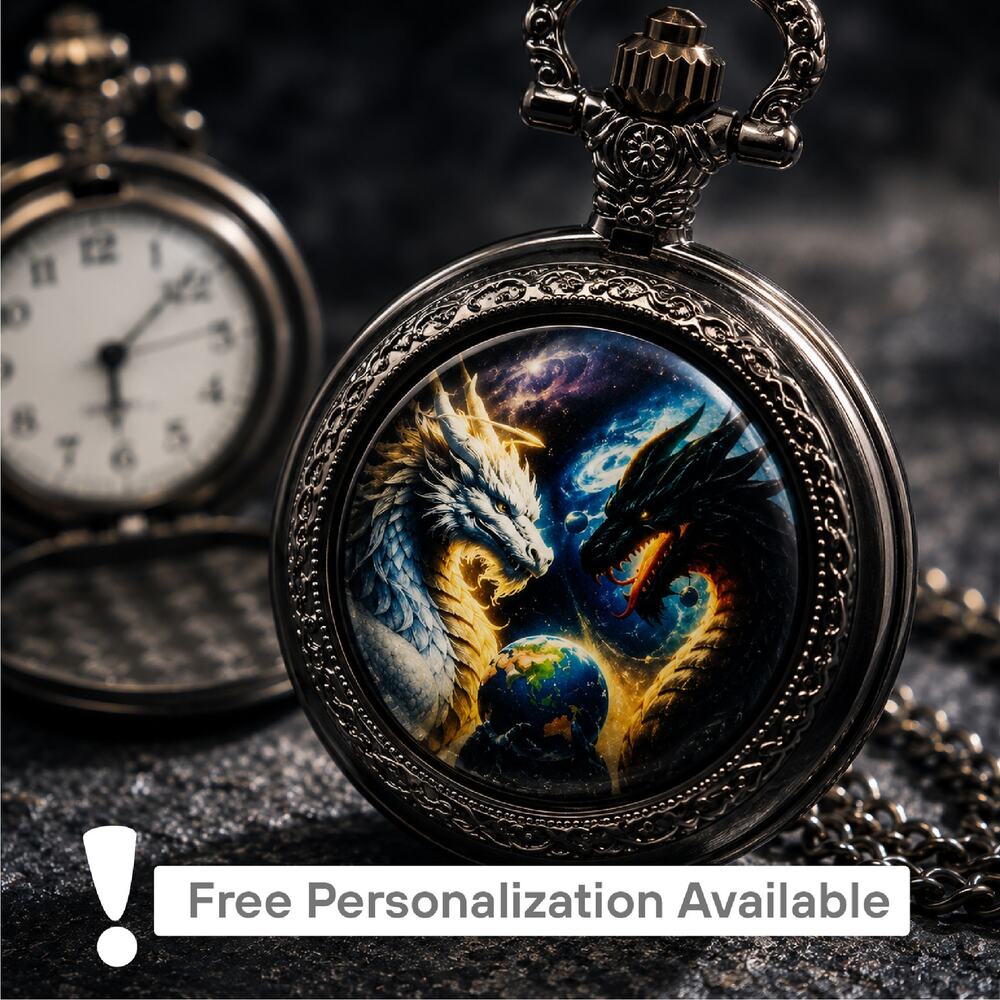 Celestial Yin Yang Dragon Pendant Pocket Watch – Fantasy Necklace Gift